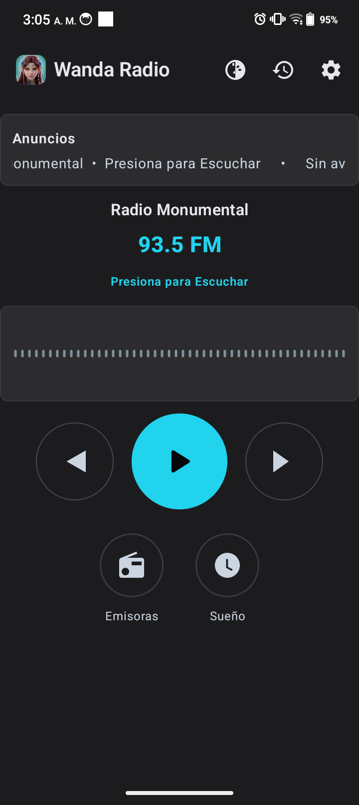 Pantalla principal de Wanda Radio en Android mostrando Radio Monumental y controles de reproduccion